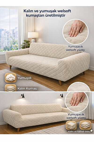 Yumuşacık Welsoft vizyon Lastikli 3 Kişilik Koltuk Örtüsü | Esnek ve Yıkanabilir Koltuk Kılıfı