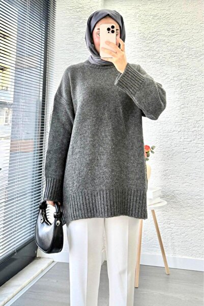 Miraydın Butik Pulover pentru femei guler rotund supradimensionat - Antracit