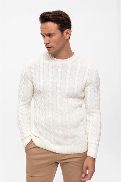 Felix Hardy Men's Knitted Patterned Crew Neck Sweater - Ecru