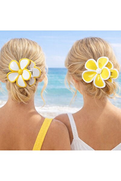 Monalisa Kadın Sarı Beyaz Papatya 2'Li Mandal Toka Seti Büyük Boy 9 CM