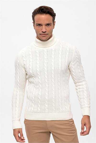 Felix Hardy Men's Turtleneck Knitted Patterned Sweater - Ecru