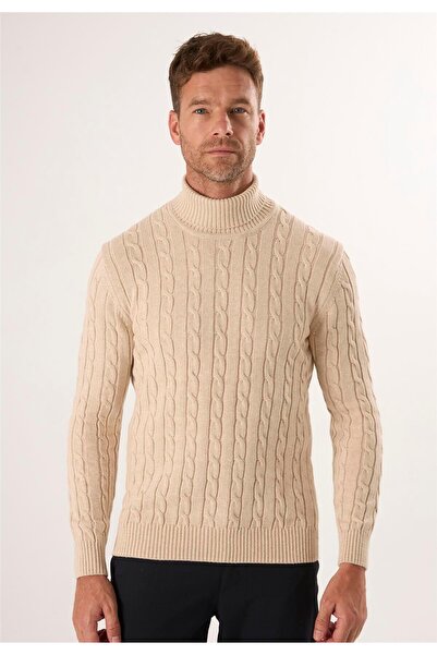 Felix Hardy Men's Beige Knitted Patterned Turtleneck Sweater