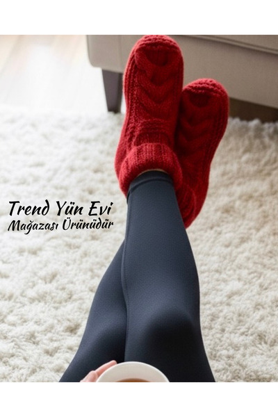 TrendYünEvi El Örgüsü Kalın Kırmızı Ev Yün Çorabı (36-37-38-39 numaraya uygun)