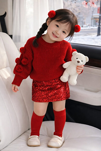 TREND NATURAL Kız Çocuk Bebek Kırmızı Ponponlu Kazak &Pullu Etek &Toka&Çorap ...