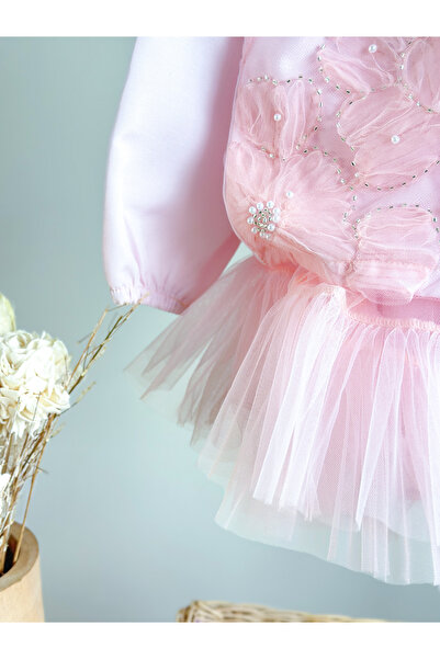 Pinkitokids Комплект за момичета с яке с перлени детайли и тюлена пола - розов