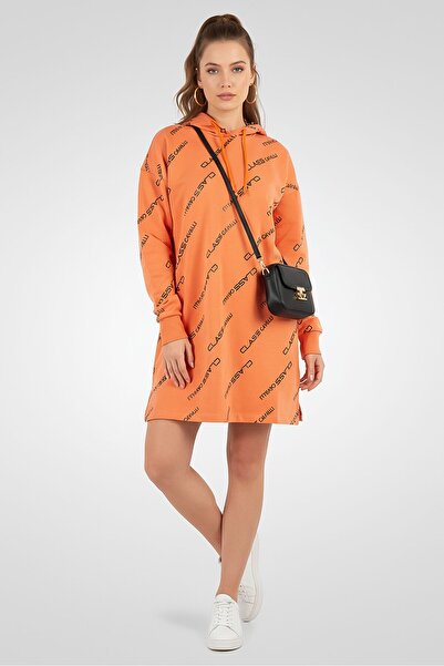 Cavalli Class Women Allover Print Long Sleeve Sweater Dress, Orange
