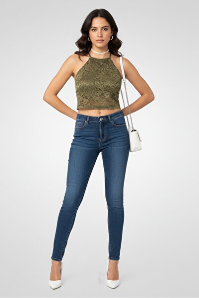 Replay Women Tapered Fit High Waist Solid Stretchable Jeans, Dark Blue