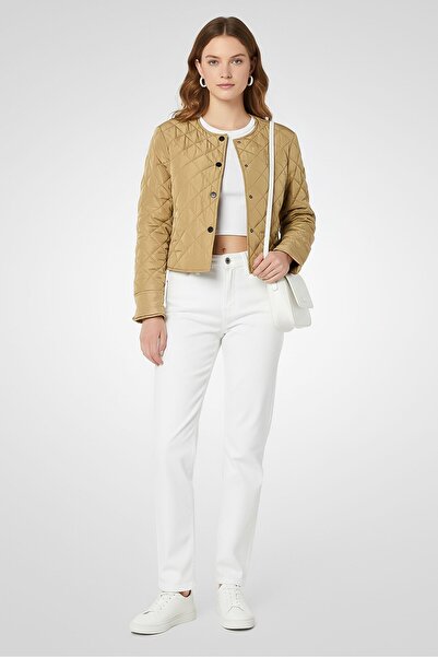 Karl Lagerfeld Women Embroidered Logo Long Sleeve Puffer Jacket, Khaki