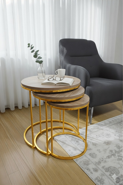 usta mekan 3'lü Parlak Gold Ayak Antik Çam Tabla Zigon Servis Salon Sehpa