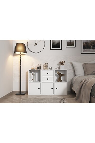 Nettrends Üç Kapaklı Iki Çekmeceli Raflı Beyaz Şifonyer Çıtasız Şfn-1058-ç