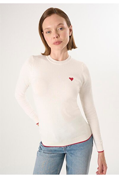 Felix Hardy Women's Ecru Crew Neck Long Sleeve Knit Sweater with Heart Detail