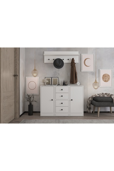 Nettrends Duvar Raflı Askılıklı Iki Kapaklı Dört Çekmeceli Beyaz Portmanto Çı...