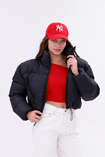 GİYİYORUM Kadın Yeni Sezon Çapraz Dikişli Kışlık Mont Lastik Detaylı Crop