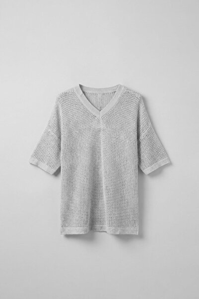 ablukaonline Erkek Oversize V Yaka File T-Shirt Gri