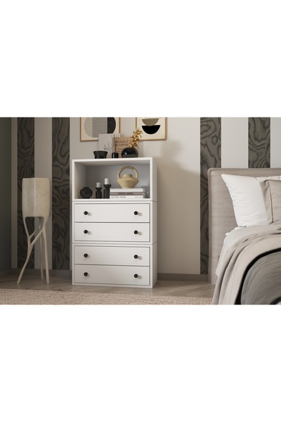 Nettrends Dört Çekmeceli Raflı Beyaz Şifonyer Çıtasız Şfn-1046-ç