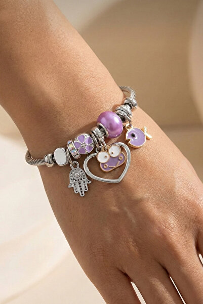 Duke Nickle Purple Silver Women's Mother Hand - Mix Bracelet with Heart, Dais...