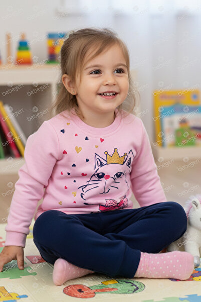 bebegen طقم قطعتين مطبوع عليه قطة باللون الوردي الداكن للفتيات الصغيرات