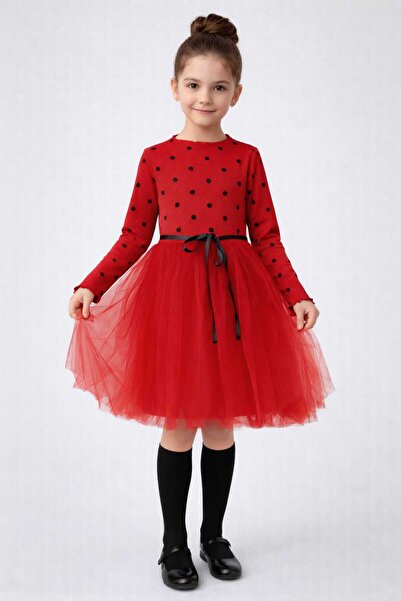 neocotton Rochie din tul pentru fetiță cu mâneci lungi cu buline pentru anive...
