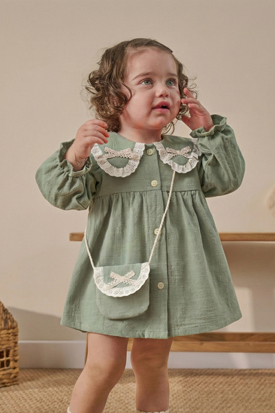 Minipodyum فستان بناتي من الكتان لعيد الفطر مع تفاصيل من الدانتيل، يأتي مع يا...