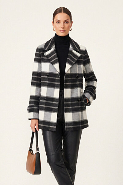 Soydan Güner Kadın Premium Kumaş Ekose Kısa Kruvaze Kaban 1462