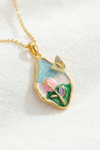 özgül takı ve tasarım Lale ve Kelebek Model Renkli Mineli Paslanmaz Çelik Gol...