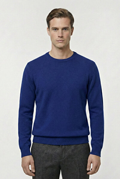 Sabri Özel Standart Fit Mavi Yünlü Bisiklet Yaka Triko Kazak