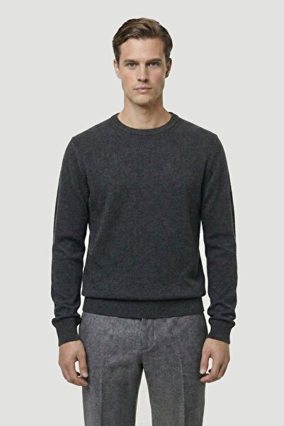 Sabri Özel Standart Fit Antrasit Yünlü Bisiklet Yaka Triko Kazak