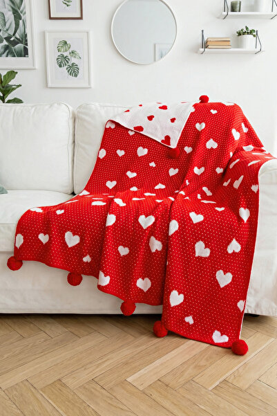 Sevim Heart Knitted Blanket – with Pompoms, Double-Sided, Soft, Valentine's D...