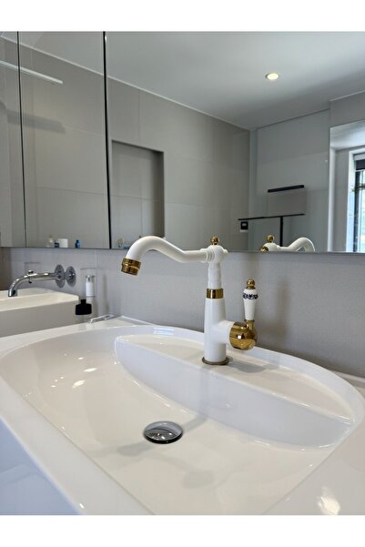 EMFA AKSESUAR Rustik Lavabo Bataryası Pirinç - Vintage Modern Tasarım Beyaz-Gold