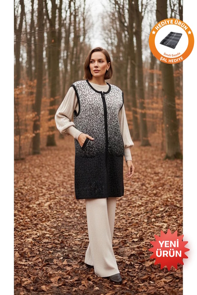 larocci Women's Patterned Sleeveless Zippered Long Vest