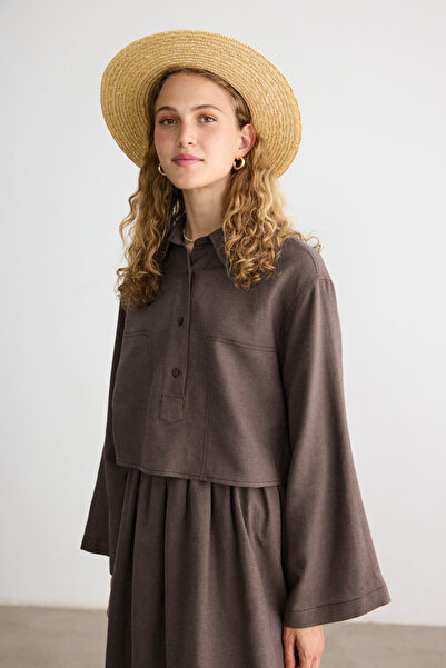 BE BLUE Brown Stitched Detail Cotton Linen Shirt