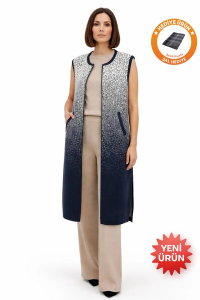 larocci Women's Patterned Sleeveless Zippered Long Vest