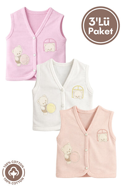 Miniel Unisex Bebek Toplu Ayıcık Nakışlı Organik Pamuklu 3-6-9 Ay 3Lü Penye B...