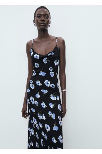 MANGO Woman Drapeli yaka uzun elbise