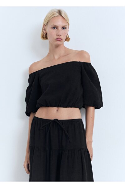 MANGO Woman Βαμβακερή μπλούζα με φουσκωτά μανίκια