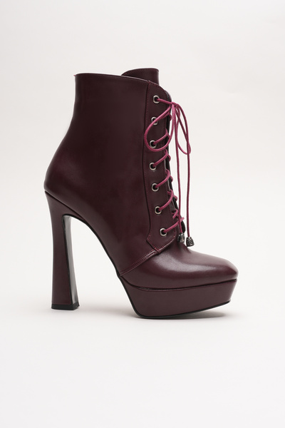 Ayakkabı Ateşi Women's Lace-Up Zippered High Heel Boots Viole Burgundy Skin