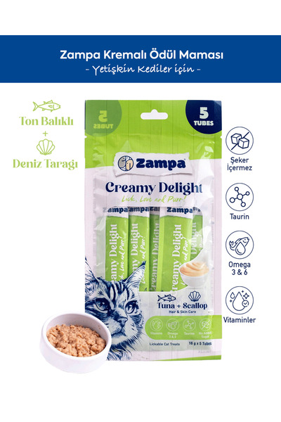 Zampa Creamy Delight Ton Balıklı & Deniz Taraklı Kedi Krema Ödül Maması - 16g...