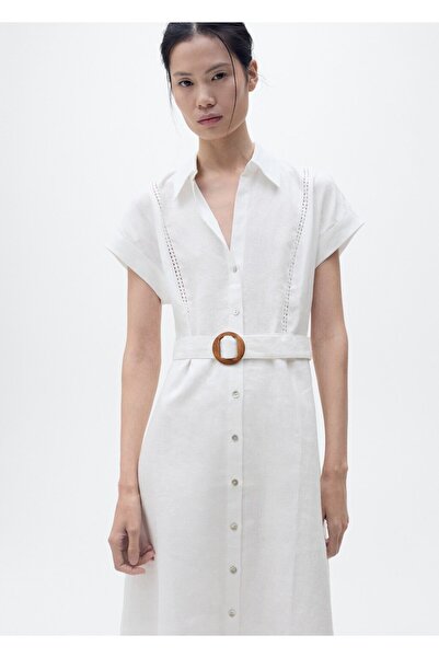 MANGO Woman Kemerli keten elbise