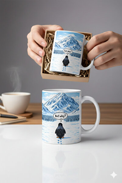 IŞILAY PROMOSYON كوب سيراميك بتصميم البطريق المتشابك مع عبارة 'ولكن لماذا' - ...