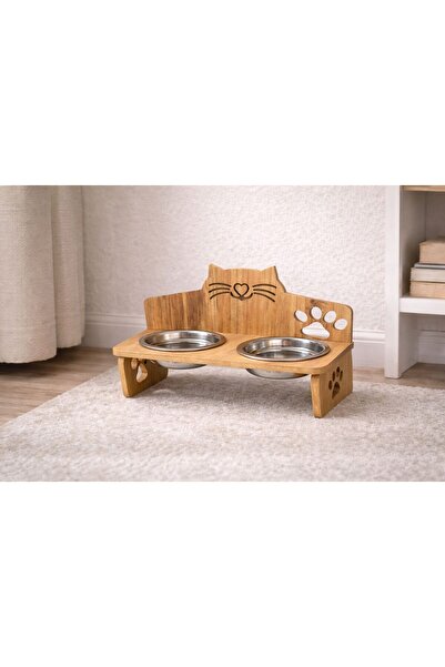 meowuf Kedi ve Köpek Ahşap İkili Mama ve Su Kabı Metal
