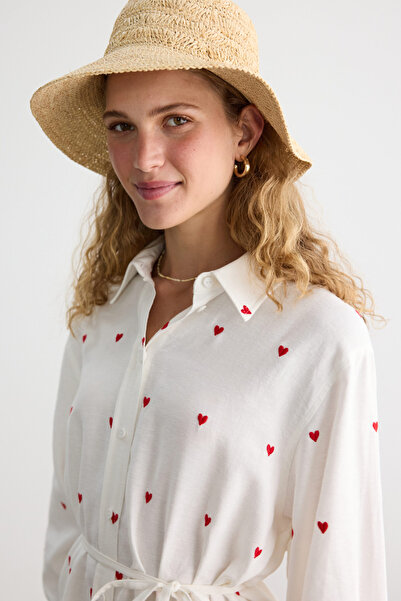 BE BLUE Heart Embroidered Cotton Linen Shirt