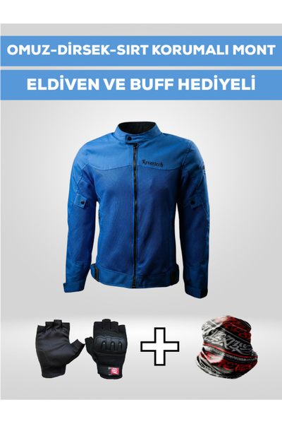 MOTOKIT Revertech Aura Mavi / Bel, Dirsek ve Sırt Korumalı Motosiklet Montu +...