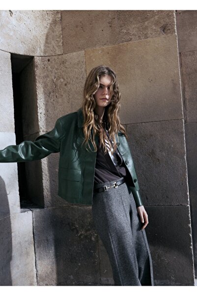 MANGO Woman Deri görünümlü cepli ceket