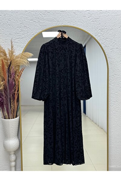 MİHRA STORE فستان ليمان منقوش بأكمام بالون - EK763 أسود