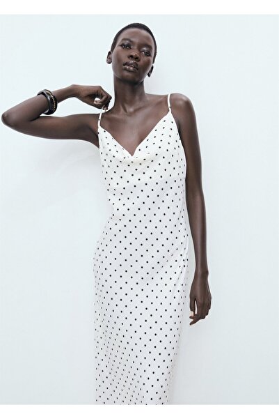 MANGO Woman Drapeli yaka uzun elbise