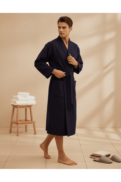 Lucy and Home رداء حمام بيكيه صغير على شكل قرص العسل، أزرق داكن