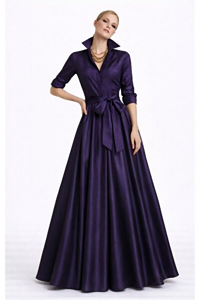 MERT ERKAN Gömleği Mor Ekose Tafta & Eteği Düz Mor Tafta Gömlek Elbise (40 BE...