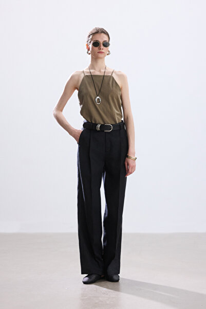 BE BLUE Black Pleated Linen Pants