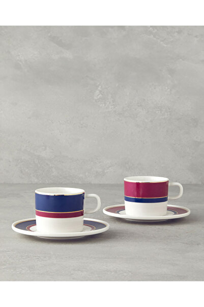 English Home Carny Bone Porselen Fincan Takım 4 Parça 2 Kişilik Fuşya-Lacivert