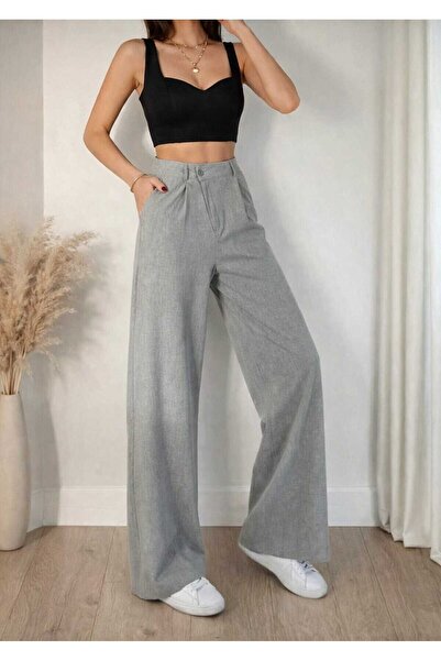 mor butik Pantaloni Palazzo pentru femei, gri, talie înaltă, picior larg, cas...